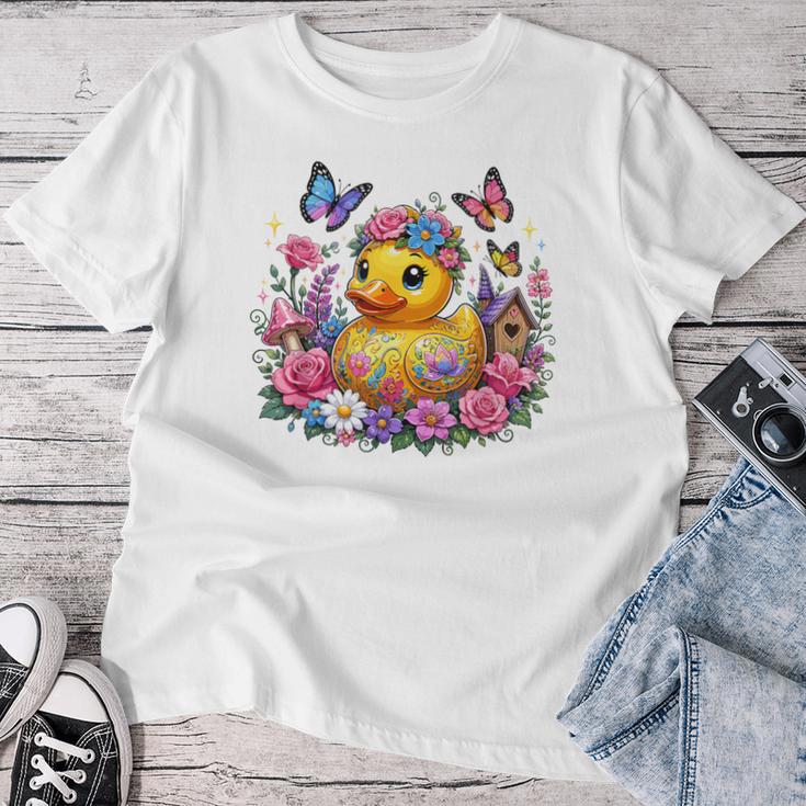 黄色いアヒルのイースター蝶の花のシー レディースTシャツ 面白い贈り物