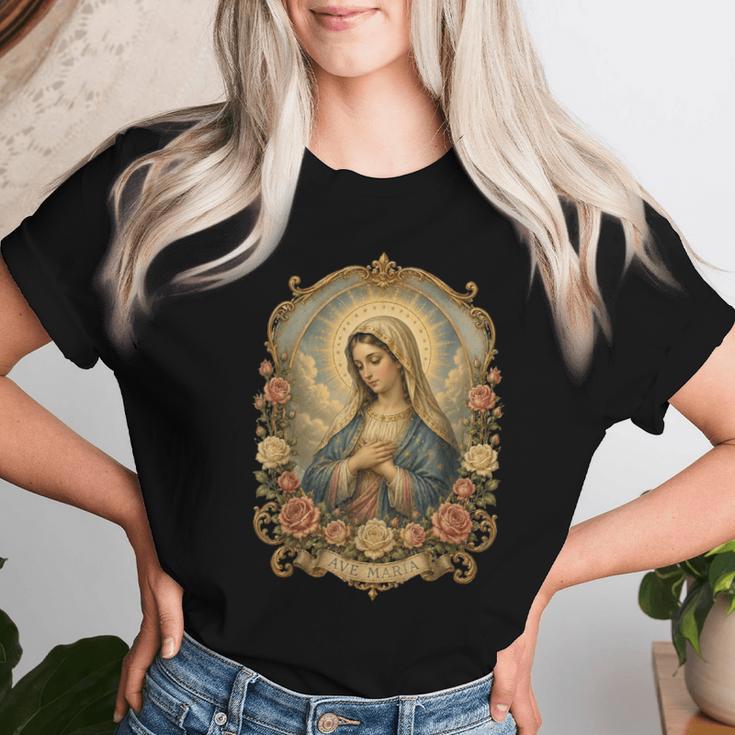 Ave Maria 聖母マリア 花柄 カトリック 祈りの肖像画 レディースTシャツ 彼女への贈り物