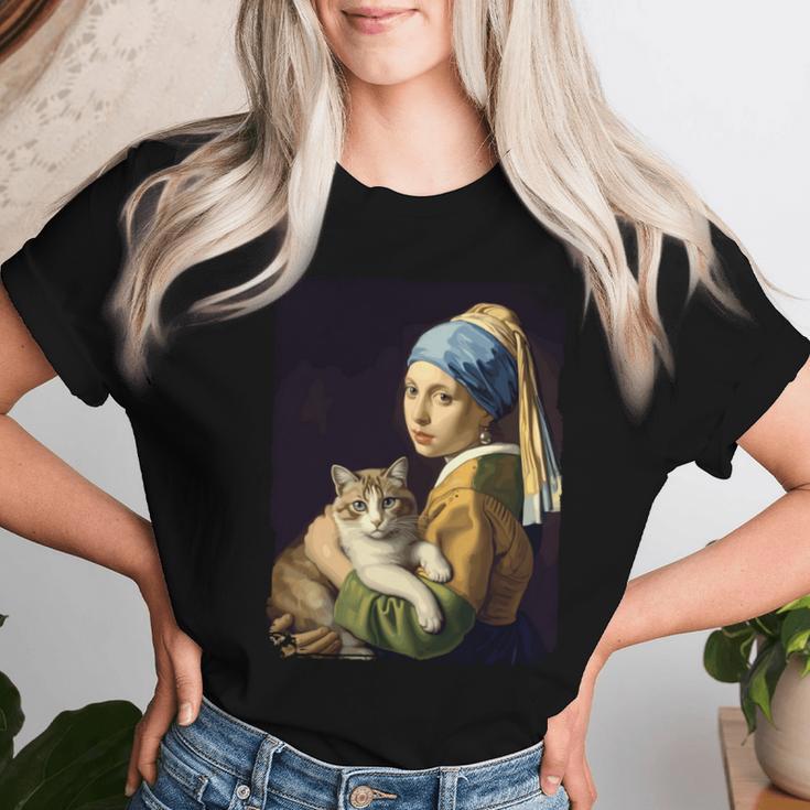 Girl With A Pearl Earring And A Cat 名画パロディ アート猫 長袖tシャツ レディースTシャツ 彼女への贈り物