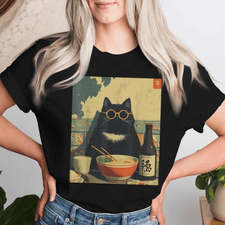 Vintage Giapponese Gatto Ramen Gatto Papà Retrò Divertente Grafica Donne Maglietta da donna Regalos para ella