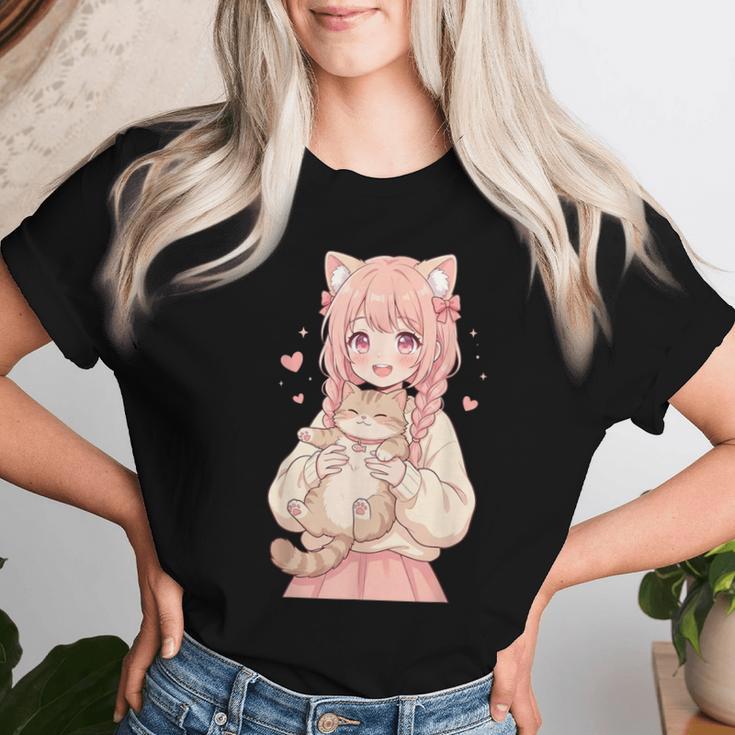 かわいい アニメ 女の子 抱っこ 猫 かわいい 漫画 猫好き オタク レディースTシャツ 彼女への贈り物