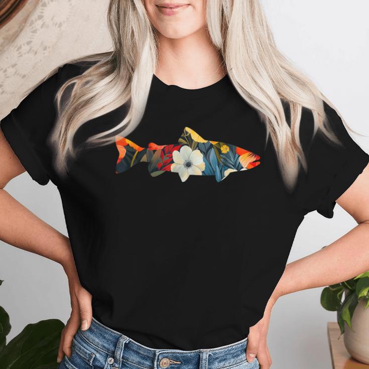 トラウト 魚 シルエット 花 ボタニカル フローラル レディースTシャツ 彼女への贈り物