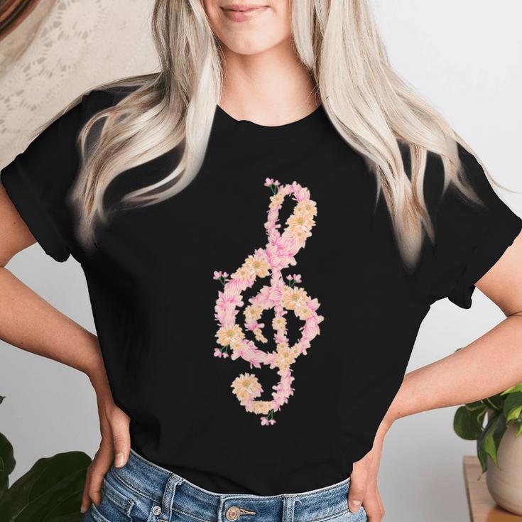 ト音記号 ト音記号 花 ミュージシャンギフト レディースTシャツ 彼女への贈り物