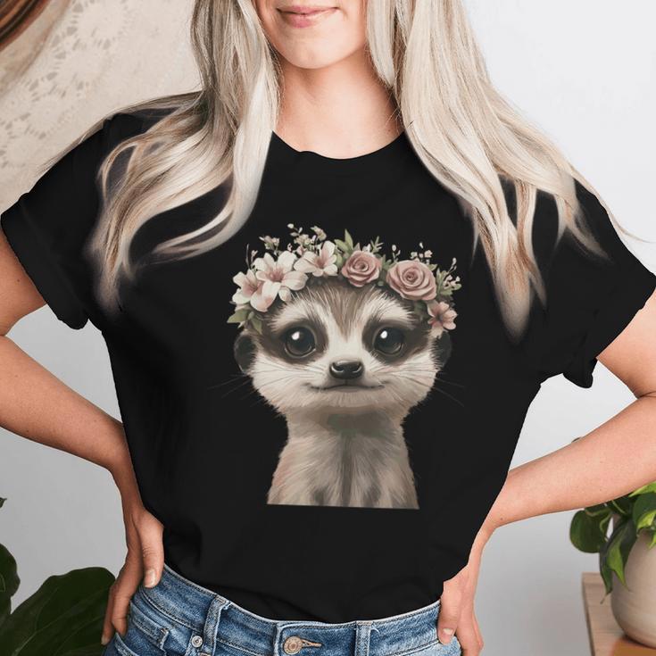 花柄クラウン付きのかわいいミーアキャット レディースTシャツ 彼女への贈り物