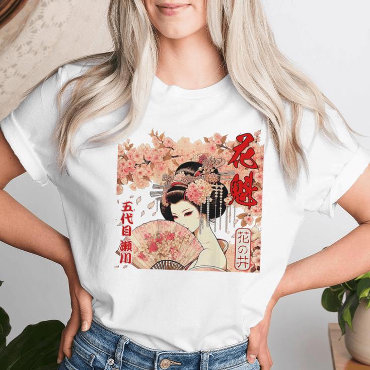 江戸 吉原 遊郭 花魁 太夫 花の井 瀬川 浮世絵 バックプリント レディースTシャツ 彼女への贈り物