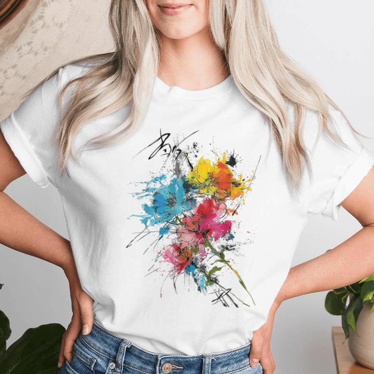 花 カラフル アート 描画 抽象 グラフィック 花 レディースTシャツ 彼女への贈り物
