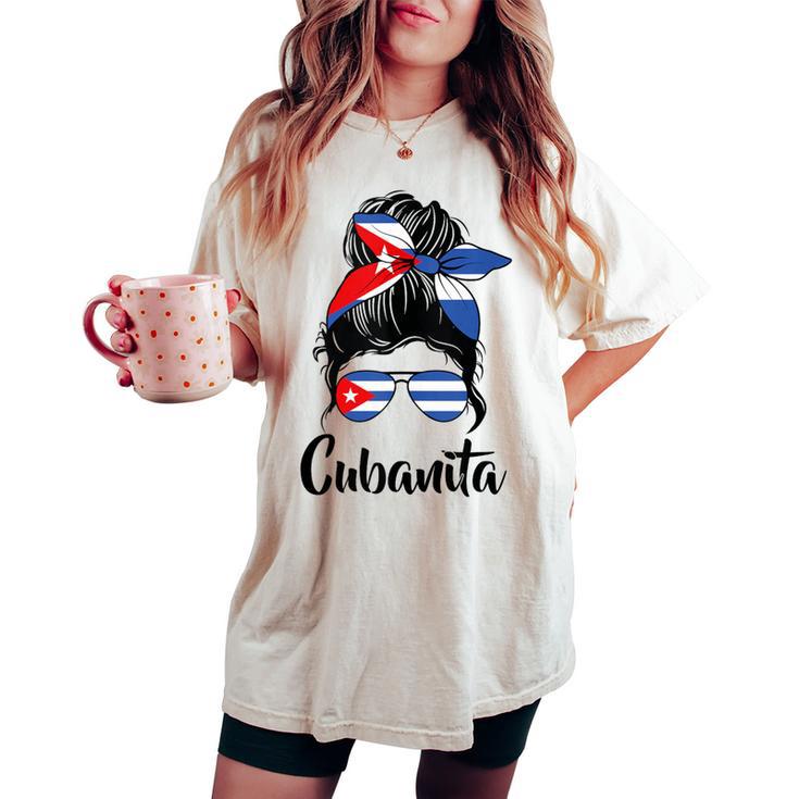 Cubanita Moño Desordenado Cubanita Cubanita Bandera Cubana Cabello Desordenado Moño In Mangas Camiseta extragrande cómoda para mujer