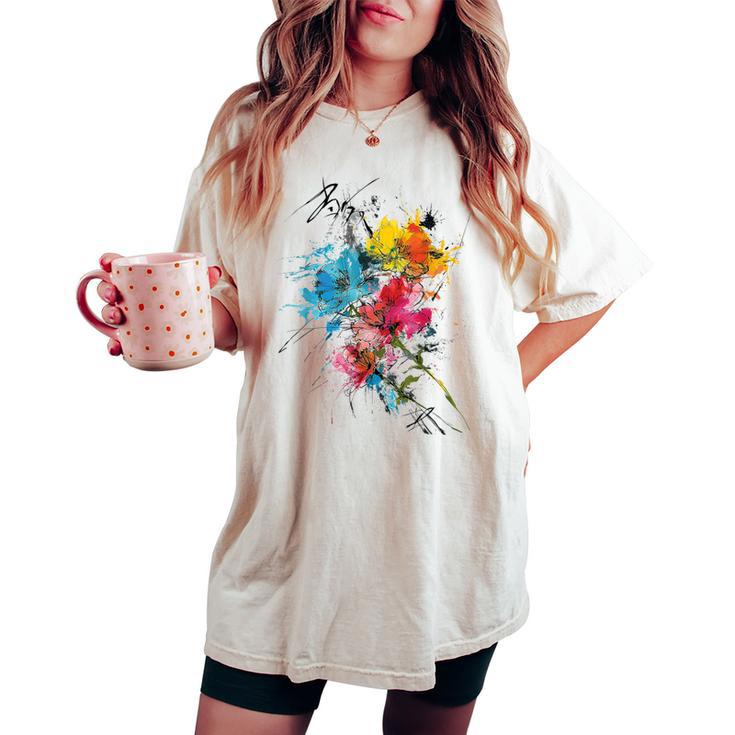 花 カラフル アート 描画 抽象 グラフィック 花 レディースオーバーサイズコンフォートTシャツ