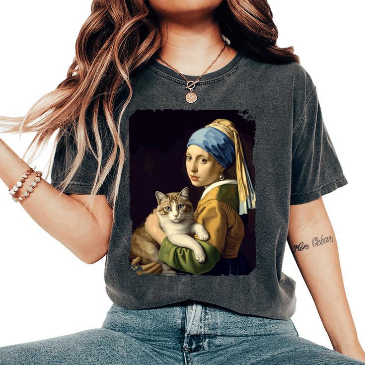 Girl With A Pearl Earring And A Cat 名画パロディ アート猫 長袖tシャツ レディースオーバーサイズコンフォートTシャツ