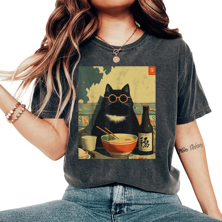 Vintage Giapponese Gatto Ramen Gatto Papà Retrò Divertente Grafica Donne T-shirt comoda oversize da donna