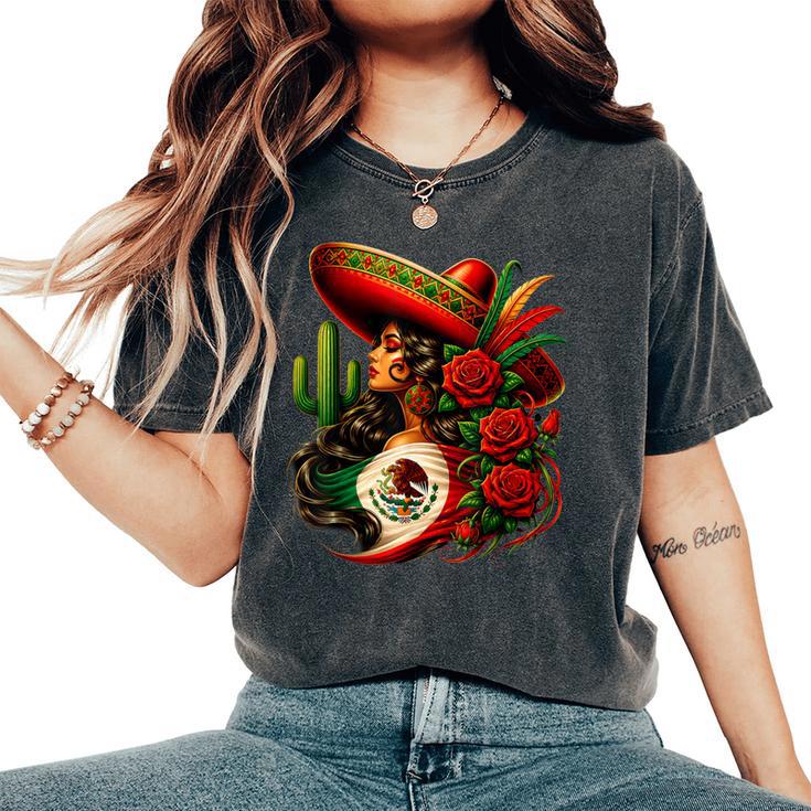 Viva Mexico Mexican Flag Floral Woman Sombrero Fiesta Women's Oversized Comfort T-Shirt
