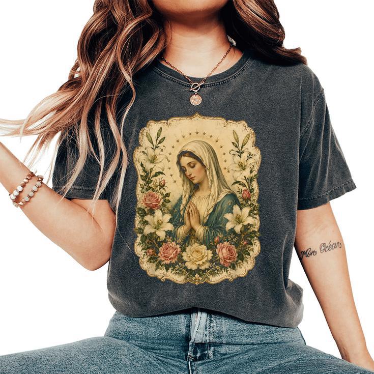 聖母マリアの祈り 花 カトリック 祈り 神聖な芸術 レディースオーバーサイズコンフォートTシャツ
