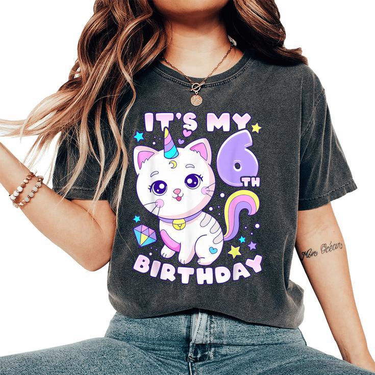 誕生日の女の子6歳、猫、ユニコーン、6歳の誕生日 レディースオーバーサイズコンフォートTシャツ