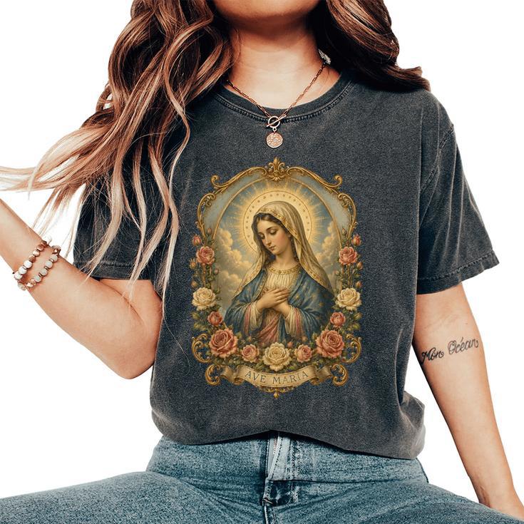Ave Maria 聖母マリア 花柄 カトリック 祈りの肖像画 レディースオーバーサイズコンフォートTシャツ