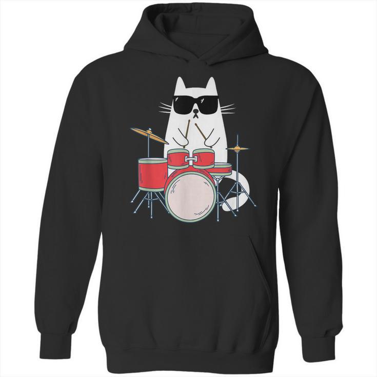 Cat Wearing Sunglasses Playing Drums Drum Kit Musician Unisex Hoodie