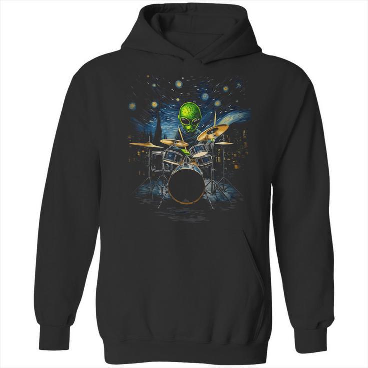 Drum Kit Percussionist Drummer Van Gogh Alien Playing Drums Unisex Hoodie