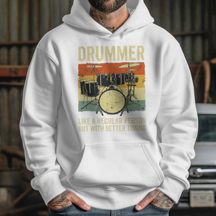 Drummer Better Timing Retro Vintage Sunset Drum Kit Graphic Unisex Hoodie Drummer Better Timing Retro Vintage Sunset Drum Kit Graphic Unisex Hoodie