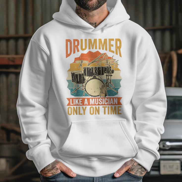 Drummer Like a Musician Only On Time Vintage Sunset Drum Kit Raglan Baseball Tee Unisex Hoodie