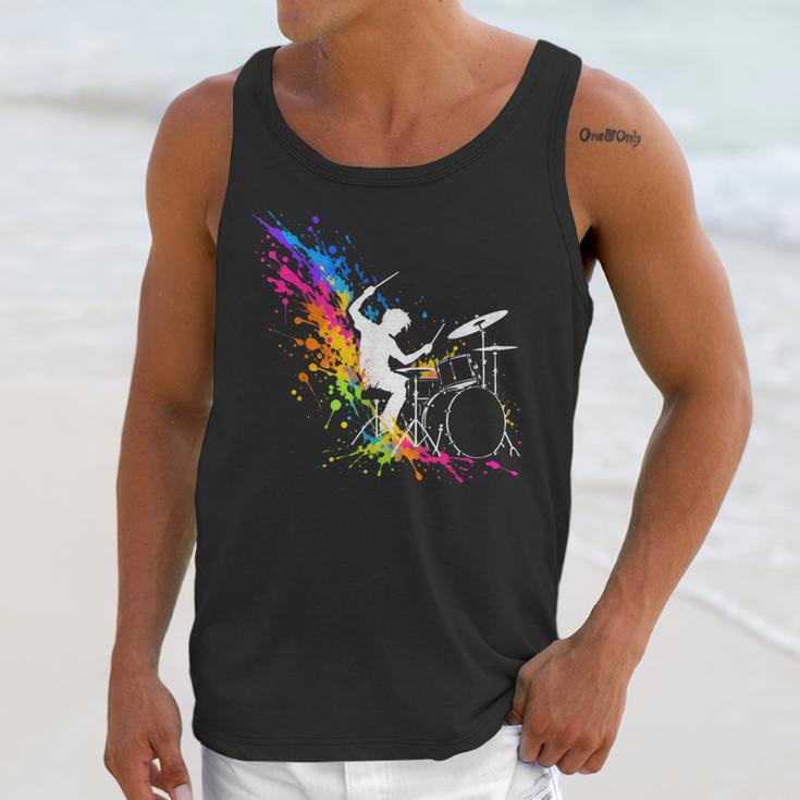 Drummer Silhouette Drum Kit Splatter Art Unisex Tank Top
