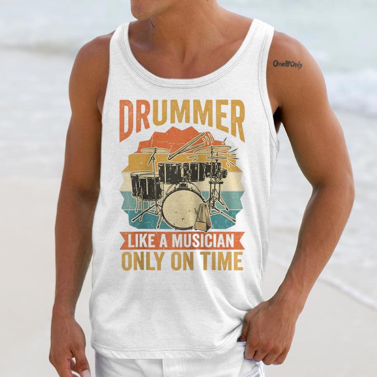 Drummer Like a Musician Only On Time Vintage Sunset Drum Kit Raglan Baseball Tee Unisex Tank Top