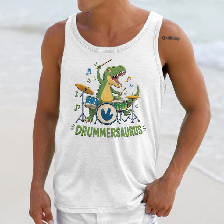 T-Rex Drumming With Drum Kit And Musical Notes Unisex Tank Top