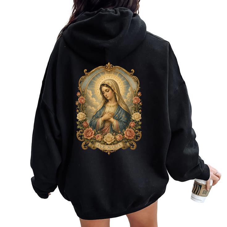 Ave Maria 聖母マリア 花柄 カトリック 祈りの肖像画 レディース オーバーサイズ パーカー バックプリント