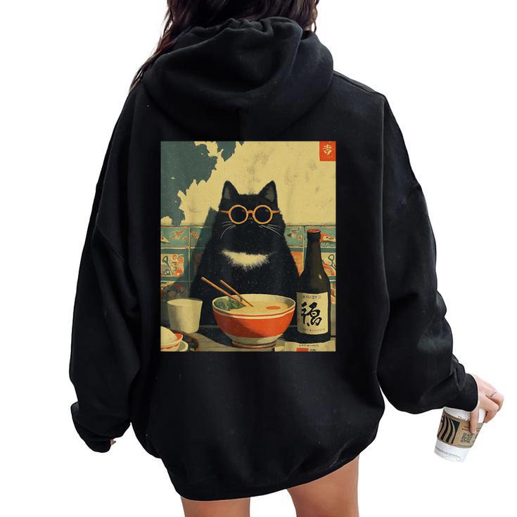 Vintage Giapponese Gatto Ramen Gatto Papà Retrò Divertente Grafica Donne Felpa con cappuccio oversize da donna con stampa posteriore