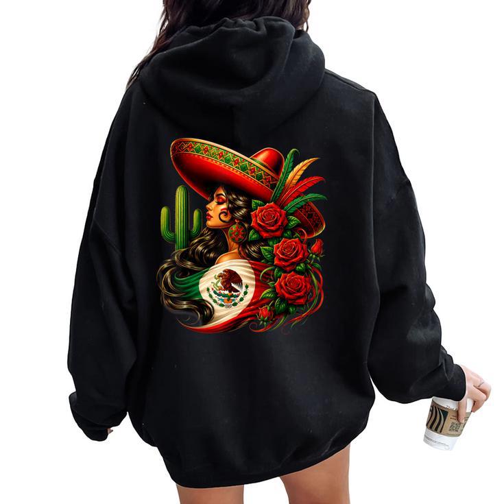 Viva Mexico Mexican Flag Floral Woman Sombrero Fiesta Women Oversized Hoodie Back Print