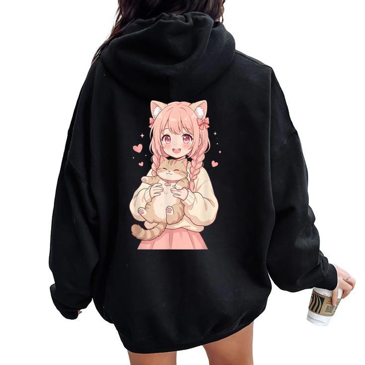 かわいい アニメ 女の子 抱っこ 猫 かわいい 漫画 猫好き オタク レディース オーバーサイズ パーカー バックプリント