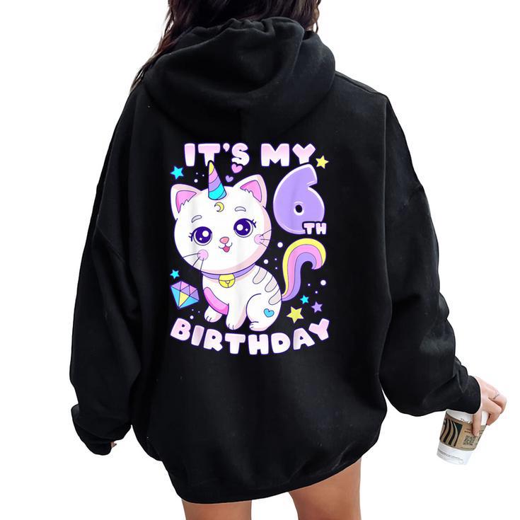 誕生日の女の子6歳、猫、ユニコーン、6歳の誕生日 レディース オーバーサイズ パーカー バックプリント