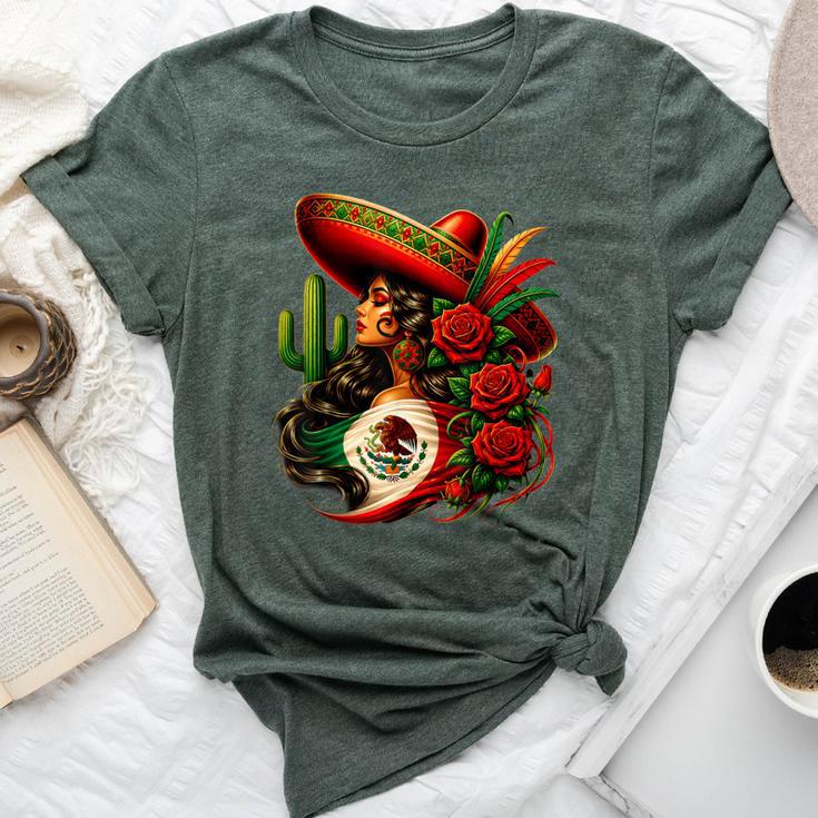 Viva Mexico Mexican Flag Floral Woman Sombrero Fiesta Bella Canvas T-shirt