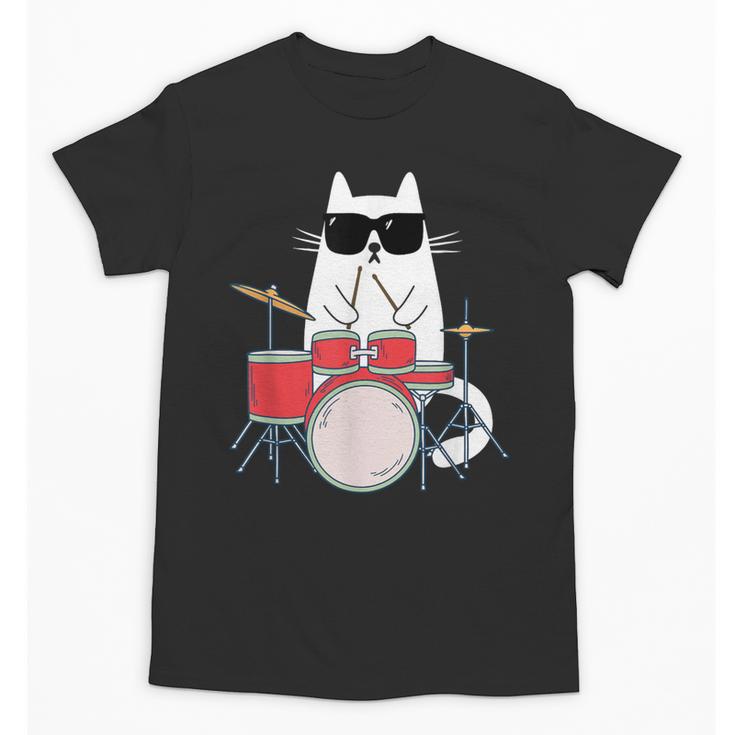 Cat Wearing Sunglasses Playing Drums Drum Kit Musician Unisex T-Shirt