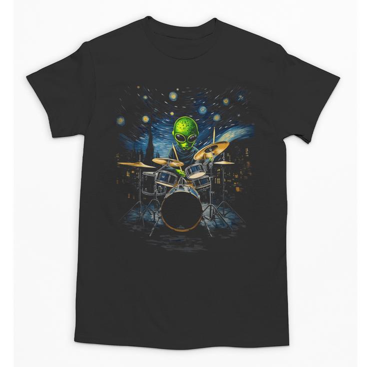 Drum Kit Percussionist Drummer Van Gogh Alien Playing Drums Unisex T-Shirt