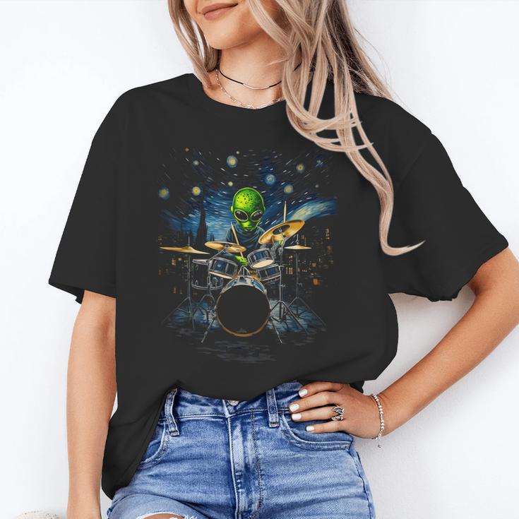 Drum Kit Percussionist Drummer Van Gogh Alien Playing Drums Unisex T-Shirt