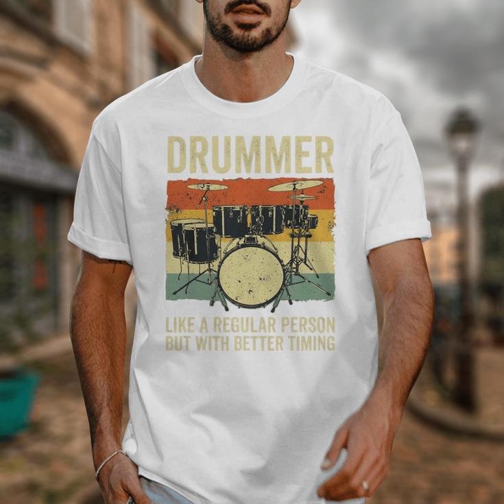 Drummer Better Timing Retro Vintage Sunset Drum Kit Graphic Unisex T-Shirt Drummer Better Timing Retro Vintage Sunset Drum Kit Graphic Unisex T-Shirt