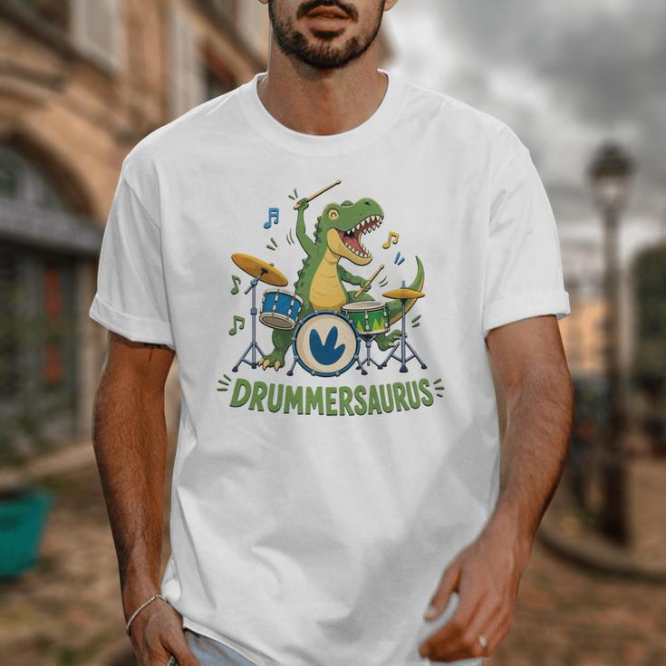 T-Rex Drumming With Drum Kit And Musical Notes Unisex T-Shirt T-Rex Drumming With Drum Kit And Musical Notes Unisex T-Shirt