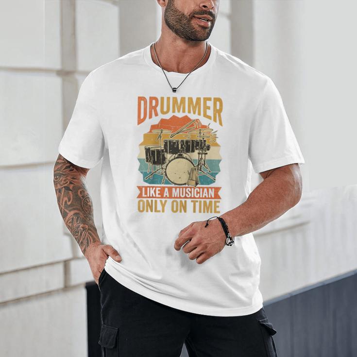 Drummer Like a Musician Only On Time Vintage Sunset Drum Kit Raglan Baseball Tee Unisex T-Shirt Drummer Like a Musician Only On Time Vintage Sunset Drum Kit Raglan Baseball Tee Unisex T-Shirt