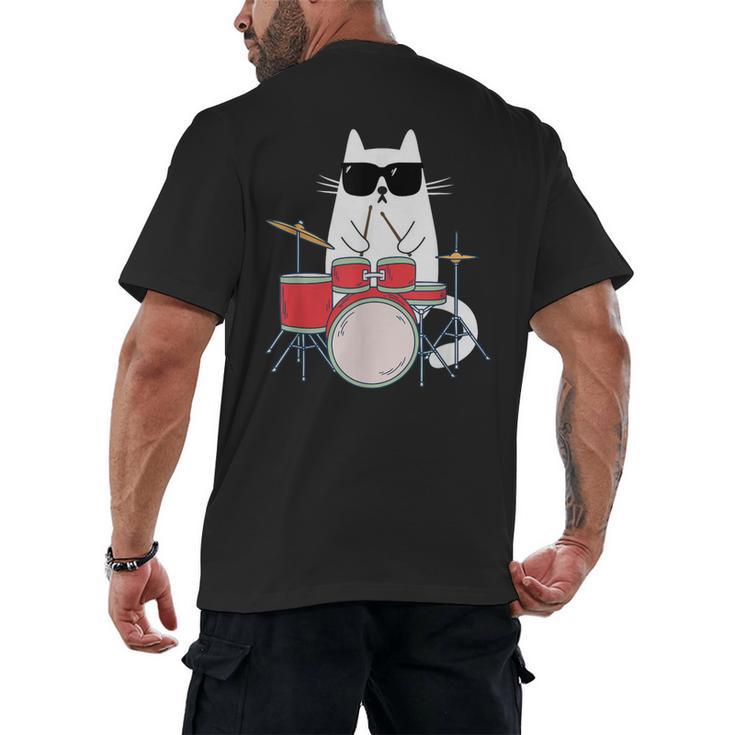 Cat Wearing Sunglasses Playing Drums Drum Kit Musician Men's Back Print T-Shirt