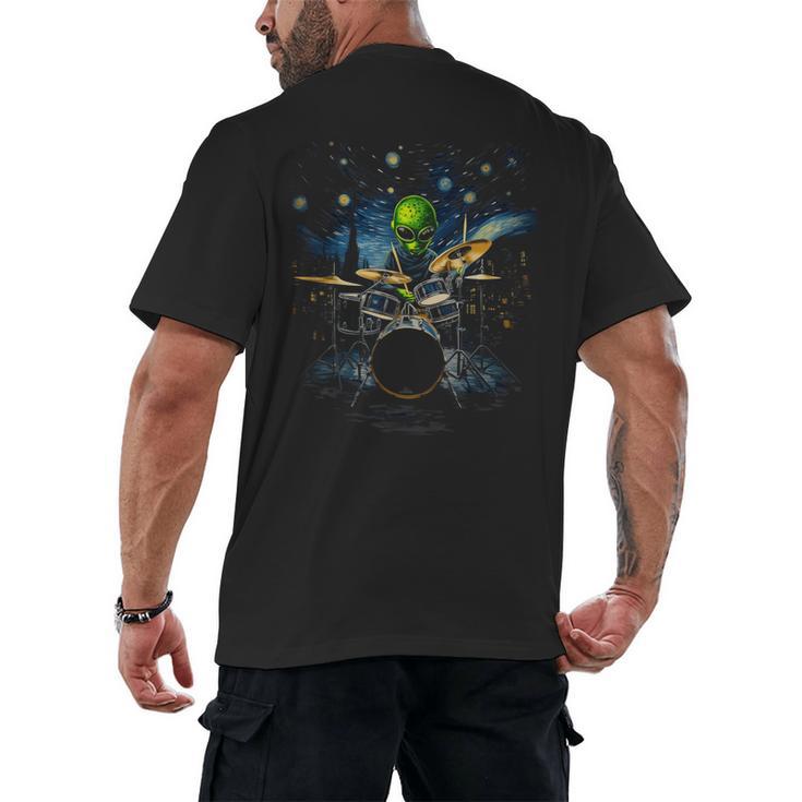 Drum Kit Percussionist Drummer Van Gogh Alien Playing Drums Men's Back Print T-Shirt