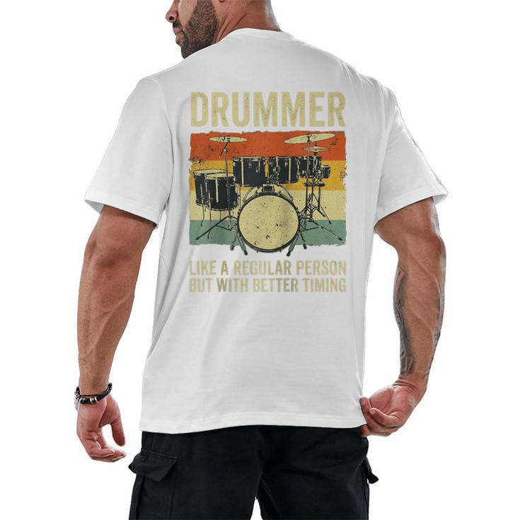 Drummer Better Timing Retro Vintage Sunset Drum Kit Graphic Raglan Baseball Tee Men's Back Print T-Shirt