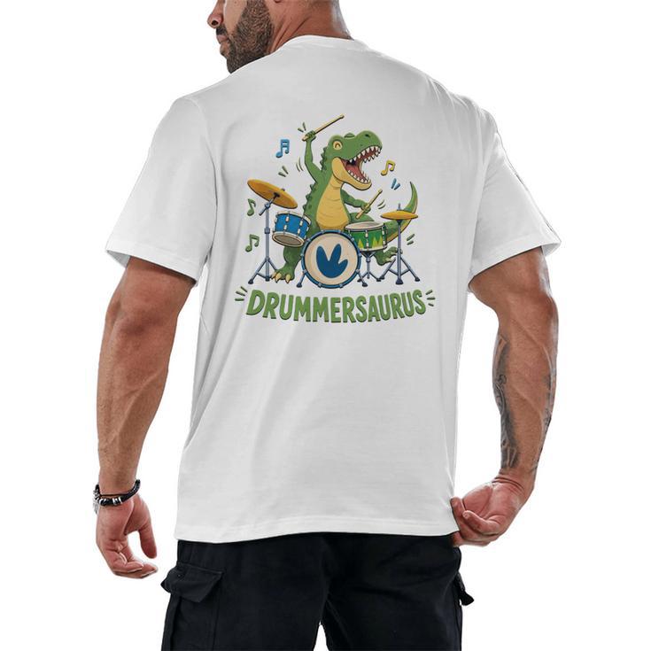T-Rex Drumming With Drum Kit And Musical Notes Men's Back Print T-Shirt
