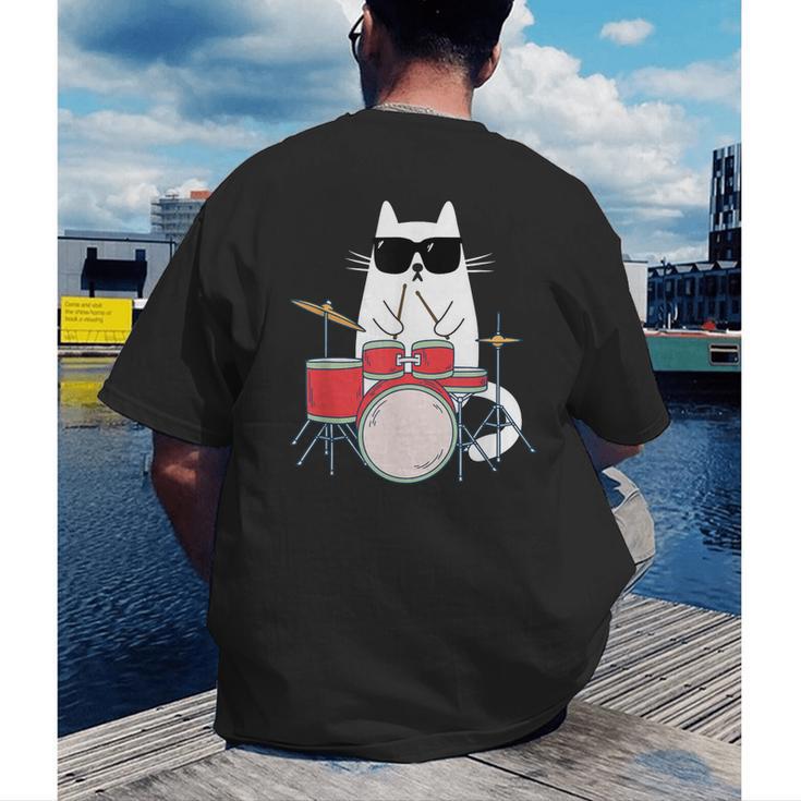 Cat Wearing Sunglasses Playing Drums Drum Kit Musician Men's Back Print T-Shirt Cat Wearing Sunglasses Playing Drums Drum Kit Musician Men's Back Print T-Shirt