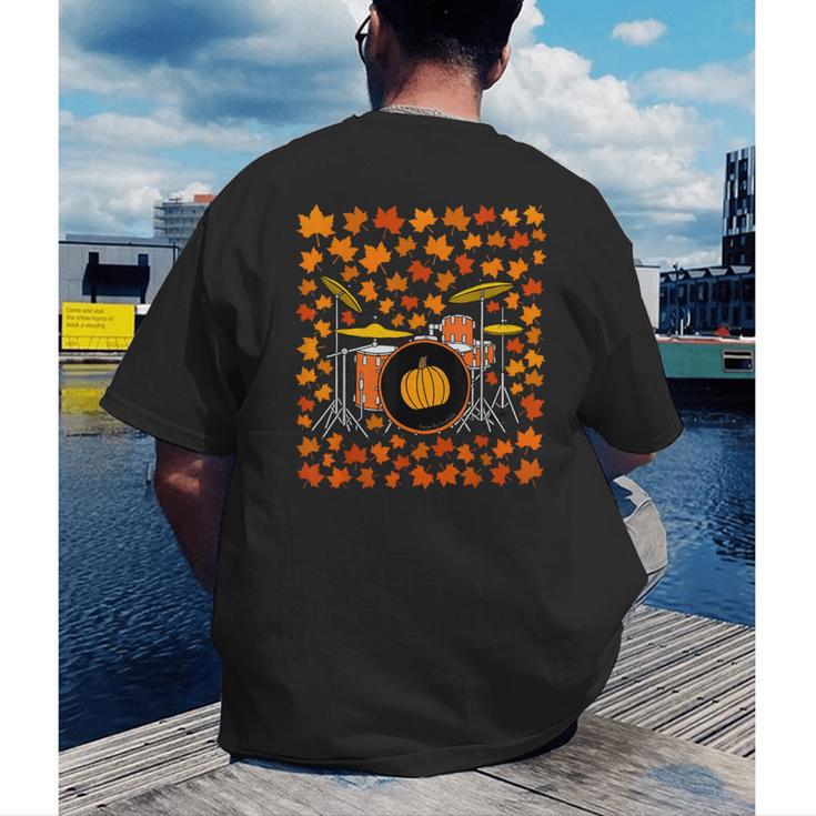 Drum Kit With Leaves Fall Drummer Autumn Musician Men's Back Print T-Shirt Drum Kit With Leaves Fall Drummer Autumn Musician Men's Back Print T-Shirt