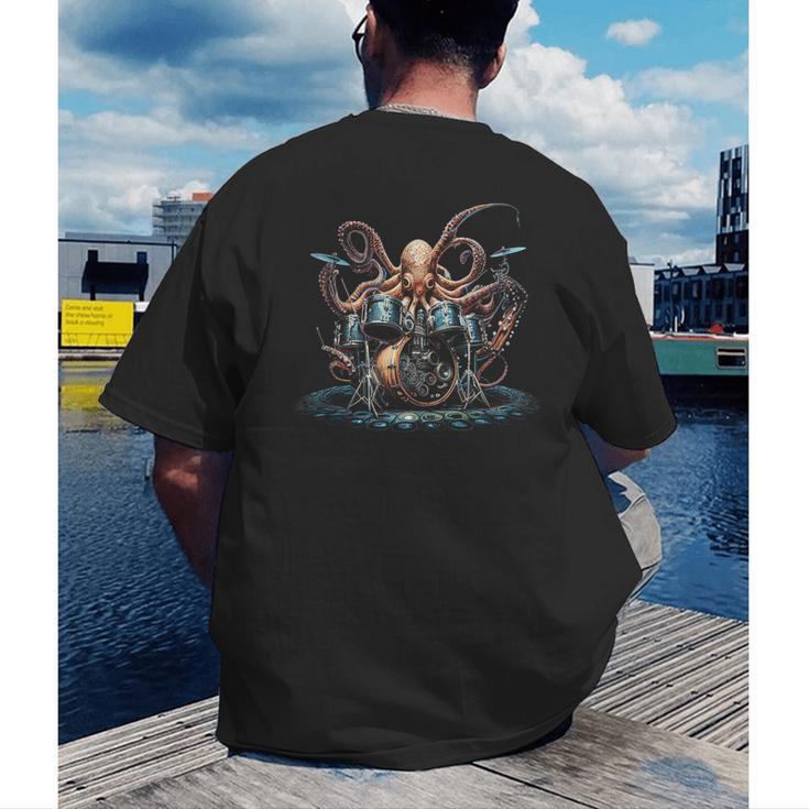Drum Kit Percussionist Drummer Octopus Playing Drums Men's Back Print T-Shirt Drum Kit Percussionist Drummer Octopus Playing Drums Men's Back Print T-Shirt
