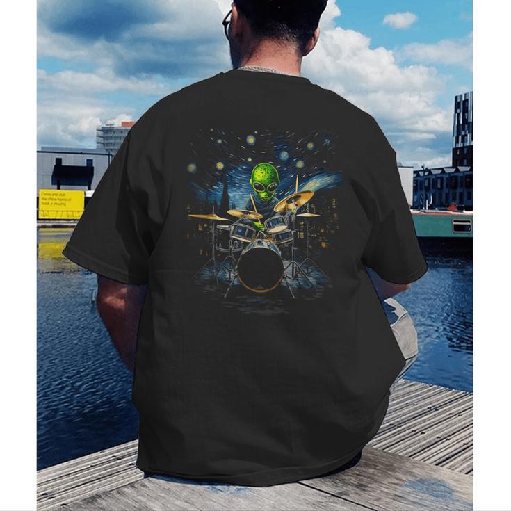 Drum Kit Percussionist Drummer Van Gogh Alien Playing Drums Men's Back Print T-Shirt