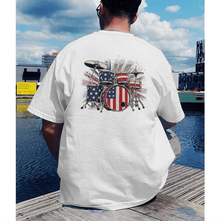 Drum Kit With American Flag Graphic For Musicians Men's Back Print T-Shirt Drum Kit With American Flag Graphic For Musicians Men's Back Print T-Shirt