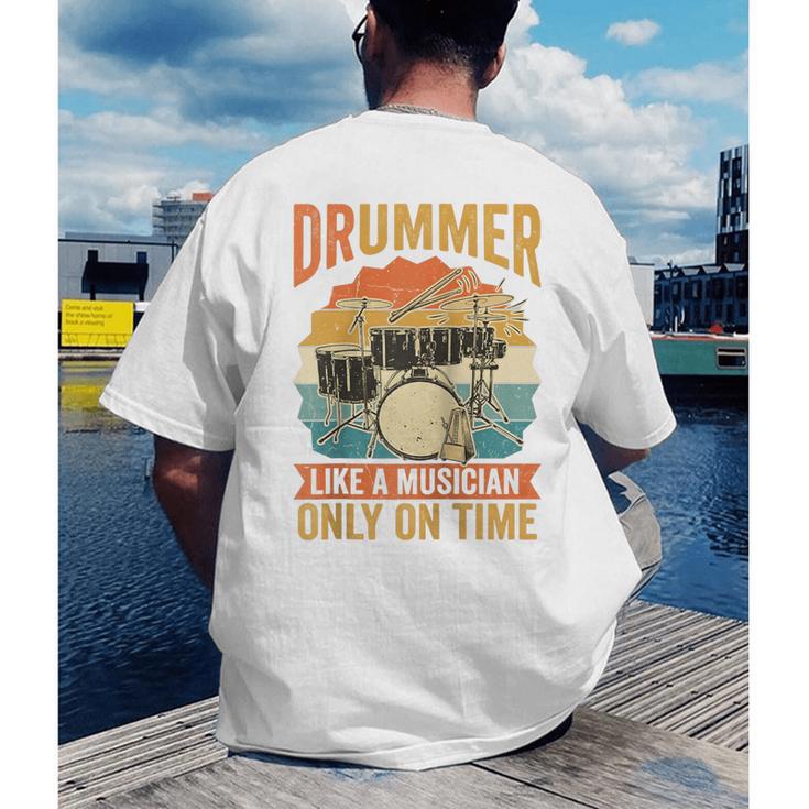 Drummer Like a Musician Only On Time Vintage Sunset Drum Kit Raglan Baseball Tee Men's Back Print T-Shirt Drummer Like a Musician Only On Time Vintage Sunset Drum Kit Raglan Baseball Tee Men's Back Print T-Shirt