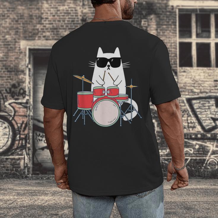 Cat Wearing Sunglasses Playing Drums Drum Kit Musician Men's Back Print T-Shirt Cat Wearing Sunglasses Playing Drums Drum Kit Musician Men's Back Print T-Shirt