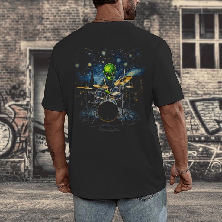 Drum Kit Percussionist Drummer Van Gogh Alien Playing Drums Men's Back Print T-Shirt