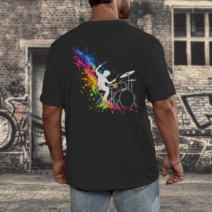 Drummer Silhouette Drum Kit Splatter Art Men's Back Print T-Shirt Drummer Silhouette Drum Kit Splatter Art Men's Back Print T-Shirt